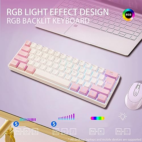 Dioche Mini Keyboard, 60 Percent 61 Keys Wired Gaming Keyboard RGB Small Gaming Keyboard Imitated Mechanical Compact for Typist Desktop, Laptop (Pink White)