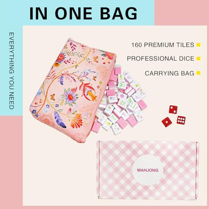Portable Pink Mahjong Set 160 Premium Melamine Tiles, Engraved American Mahjong Game with Carrying Bag&3 Dice Compact 0.9” x 1.18” x 0.5” Tiles, Scuff‑Proof & Drop‑Resistant for Adults Family Travel