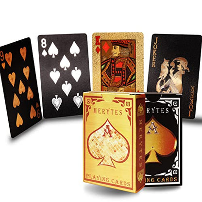 Merytes 2 Deck of Waterproof Poker Cards and Playing Cards with Flexible Plastic PVC Classic Trick Cards - color: Black Gold