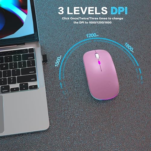 AIKOKOK Wireless Bluetooth Mouse, Rechargeable, Dual Mode Bluetooth 5.2 & 2.4G USB, LED Lights, Slim, Silent, Portable Computer Mouse for Laptop, PC, MacBook, iPad, Tablet (Rose Gold) | BT 5.2 & 2.4G USB Receiver, 3 Adjustable DPI,LED Lights,Slim,Silent,P
