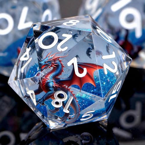 Liquid Core Dragon Pattern DND Dice Set, 7Pcs Sharp Edge D&D Dice for RPG MTG D and D Role Playing Desktop Games Blue White - color: Dragon Blue White