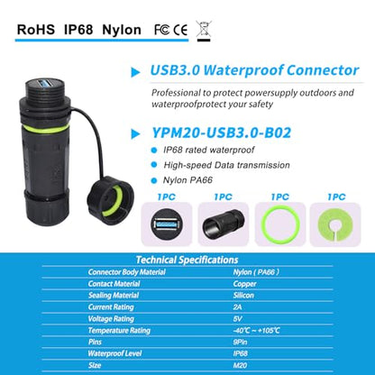 Waterproof Panel USB Connector with Shield, Waterproof IP68 USB 3.0 Panel Mount Connector, Female to Female, with Shield Extension Adapter, YPM20 2 PCS Pack