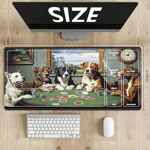 MTG Playmat with Zones, TCG Card Game Play Mat with Stitched Edges, Non-Slip Rubber Base Gaming Desk Mat, Smooth Surface 24 x 14 Inch, Dogs Play Poker - color: Dogs Play Poker, size: Zone 1