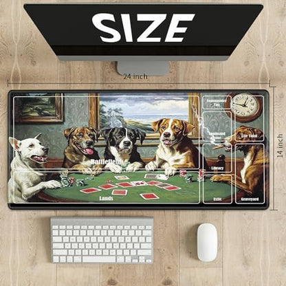 MTG Playmat with Zones, TCG Card Game Play Mat with Stitched Edges, Non-Slip Rubber Base Gaming Desk Mat, Smooth Surface 24 x 14 Inch, Dogs Play Poker - color: Dogs Play Poker, size: Zone 1