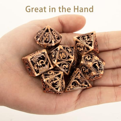 7PCS DND Dice Set, Premium Hollow Metal Polyhedral Dice with Treasure Chest & Dice Bag, Gift for Men & Women, Dungeons and Dragons, TTRPG RPG Tabletop Games (Antique Red Copper) - color: Antique-red-copper