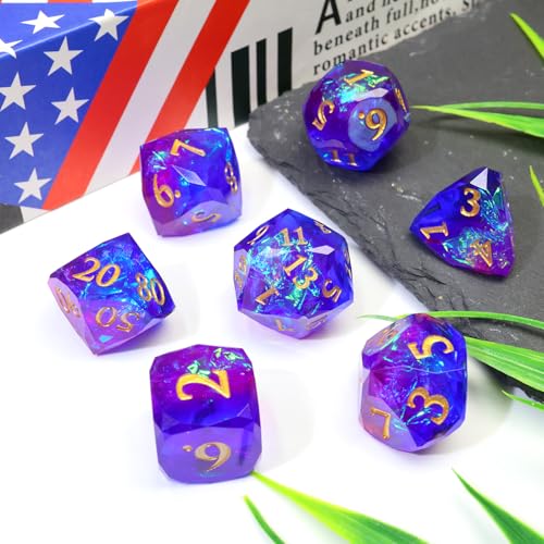 XENOLU DND Dice Set, Diamond Cut Sharp Edge Polyhedral Resin Dice with Holographic Foil, Two-Color Blue Purple Gradient Tabletop Roleplaying Game Dice - RD-Mixed4 - color: Rd-mixed 4