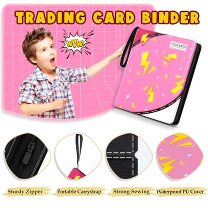 Card Binder for Pokemon Cards, 9 Pocket Trading Card Binder Holds 900 Cards with 50 Removable Sleeves, 3 Ring Zipper Card Holder Album Book Case for TCG, MTG, Sports Cards Collection, Boys Girls - color: Pink
