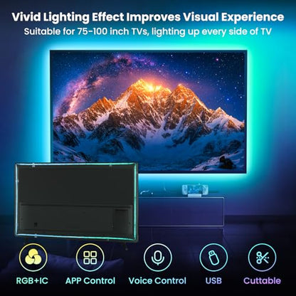 26.25ft LED Lights for 75-100 Inch TV, RGB+IC TV Lights Backlight Strip Behind, with 44 Scene Modes, Bluetooth APP and Voice Control, Music Sync Smart Ambient Lighting for Gaming, Bedroom, Living Room - size: 26.25ft