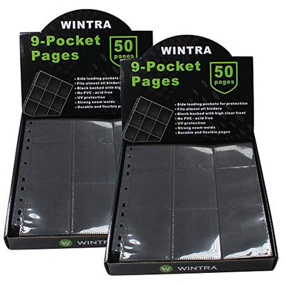 9-Pocket Black Card Sleeves Binder Sheets Double Sided Card Pages | Side Loading Trading Card Binder Sleeves, Heavy-duty Album Page Protectors for 3-ring/D-ring Binder - size: 100 background pages