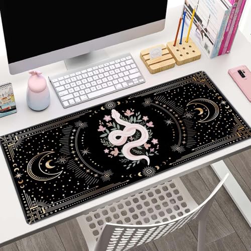 Boho Snake Witch Desk Mat Moon Phases XL Mouse Pad Large Full Desk Mousepad Gaming Extended Keyboard Mouse Mat Desk Pad for Computer Laptop 31.5''X11.8'' Non-Slip Rubber Base with Stitched Edges - color: Boho Snake Witch Moon Phases