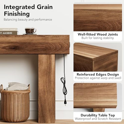 63 Inch Long Console Table w/Outlets & USB Ports, Narrow Rectangular Sofa Table Behind The Couch, Farmhouse Entryway Table for Entrance, Hallway, Living Room(Brown with Outlet) - color: Brown, style: With Socket