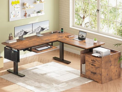 SEDETA L Shaped Standing Desk with File Cabinet, 3 Drawers, Power Outlet | 63 x 53'' Electric Height Adjustable Computer Desk with Led Lights for Home Office, Gaming Room, Rustic Brown - color: Rustic Brown, size: 63 x 53'' L Shaped Standing Desk