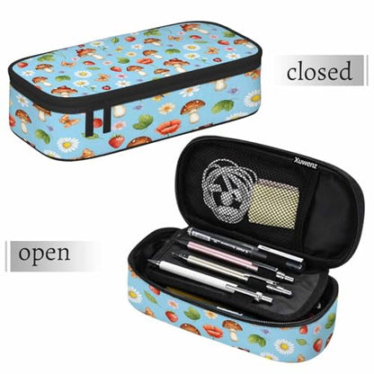 Mushrooms Pencil Case Organizer Butterfly Strawberry Summer Flowers Berries Stationery Box Makeup Colleague Office Supply for Adults Men Women - color: Mushrooms