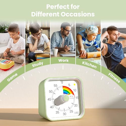 Visual Timer for Kids, Rainbow Timer with Pause Function, Green | Cute Silent Timer for Classroom, ADHD, Kitchen, Toddlers, Study, Alarm 3 Volume Levels, Light Indicator, Easy to Use - color: Rainbow Green