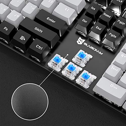 Merdia 104 Keys Wired Mechanical Gaming Keyboard | White LED Backlit US Layout | Hot Swappable Blue Switch Full Size Mechanical Keyboard | Black & Grey Keycaps Light Up PC Gaming Computer Keyboards - color: Blue Switch Black & Grey
