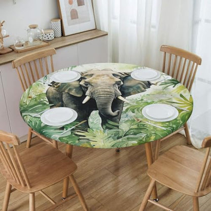 Famame Elephant Palm Leaves Jungle Round Fitted Tablecloth with Elastic Protector Table Kitchen Dinner Waterproof Oil-Proof Table Covers Fits 40"-44", Small - color: Elephant Palm Leaves Jungle, size: Small (40"-44")