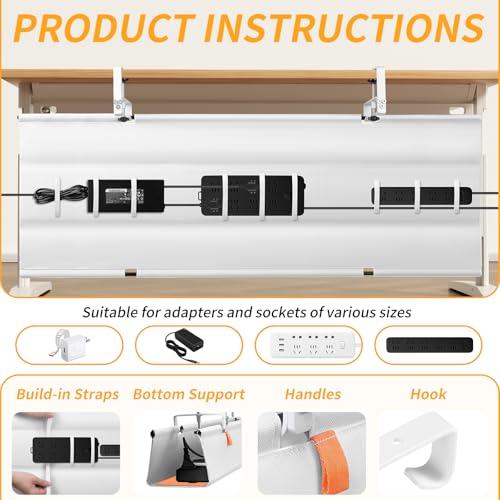 Under Desk Cable Management Tray No Drill,48Inch Cable Management,White | Clamp and Screw Mount Cable Management Tray, Extra Large Capacity Desk Cable Management, Fabric Wire Management for Office - color: White, size: 48"L x 5.5"W