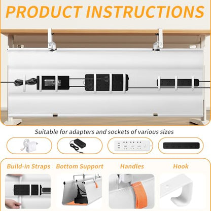 Under Desk Cable Management Tray No Drill,48Inch Cable Management,White | Clamp and Screw Mount Cable Management Tray, Extra Large Capacity Desk Cable Management, Fabric Wire Management for Office - color: White, size: 48"L x 5.5"W