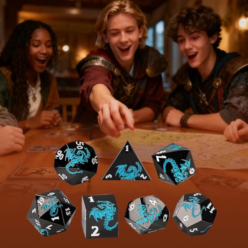 Metal Dice Set, Flat Face Black Blue Dragon Pattern, 7pcs Polyhedral Metal DND Dice Set, DND Starter Set, D&D Gifts with Gift Box, Role Playing Board Games Accessories, Black - color: Black +Blue