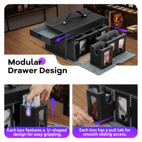 MTG Commander Deck Box with Handle, 6deck Modular Card Case and 2Dice Trays | Holds 780+ Double-Sleeved Cards,Removable Magic the Gathering Storage,Magnetic Lock/Holderss, Display Window for TCG/EDH,Grey - color: Black Grey, style: 6-Deck Modular Card Cas