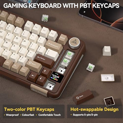 SOLAKAKA A75 PRO 75% Wireless Mechanical Keyboard with Screen and Knob, Tri-Mode Hot Swappable Gaming Keyboard, RGB Backlit Gasket Creamy Pre-lubed PBT Computer Keyboard for PC/Mac/Win,Brown - color: CreamBrown