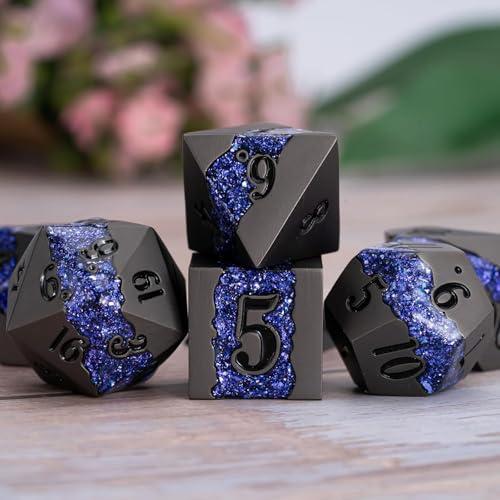 Galaxy Metal Dice Set, 7PCS Polyhedral DND Dice with Glitter Resin Inlay, Heavy Metal RPG Dice for Dungeons and Dragons Tabletop Games - color: Pearl Gun Purple