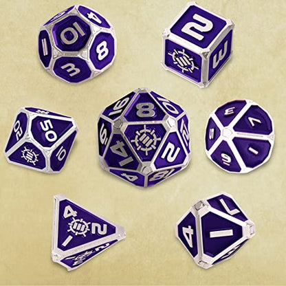 ENHANCE DND Metal Dice Set - 7pc Polyhedral Dice with 2-in-1 Vegan Leather Bag and Tray, Solid Metal Set for Dungeons and Dragons, Pathfinder, More RPGs (Collector's Edition Purple) - color: Dragon Purple