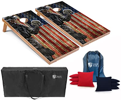 Tailgating Pros American Themed Lightweight Corn Hole Board Set w/Multicolored Built-in LED Lights, Bean Bags and Carrying Case - 4'x2' Cornhole Toss - color: Solemn Soldier