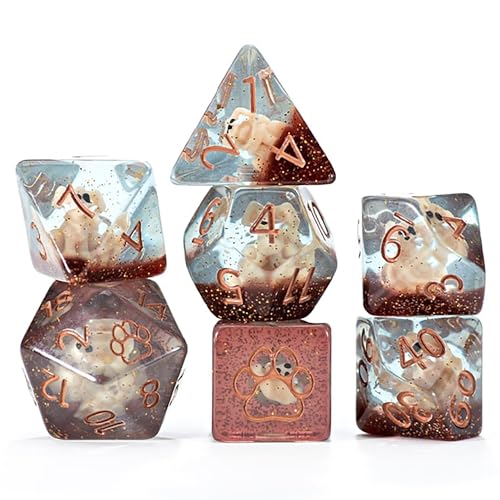 Gate Keeper Games and Dice: Inclusion Dice: Puppy Dice - 7pc RPG Set, Tan Puppy in Clear Resin w/ Brown Glitter, 7 Resin Dice for Role Playing Games - style: Pupppy