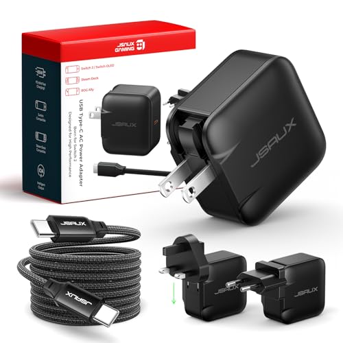 JSAUX 65W GaN USB C Charger for Nintendo Switch 2, Powers in TV Mode, with EU/UK Plug & 6.6FT Cable for ROG Xbox Ally, Steam Deck, ROG Ally, iPhone 17e/17, Galaxy S26, Tablet & Laptop – Black | Powers in TV Mode, GaN PD Fast Charge for ROG Xbox Ally, Stea