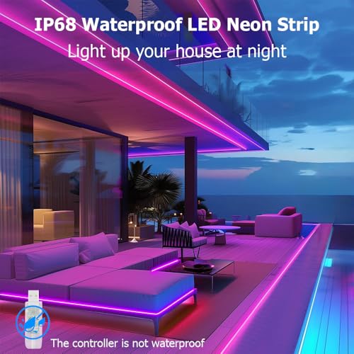 16.4ft LED Neon Rope Lights, RGB Plus IC Strip Lights, IP68 Waterproof Flexible Rope Light with APP and Remote Control, Dimmable Neon Strip for Gaming Room Living Room Bedroom Indoor Outdoor Decor