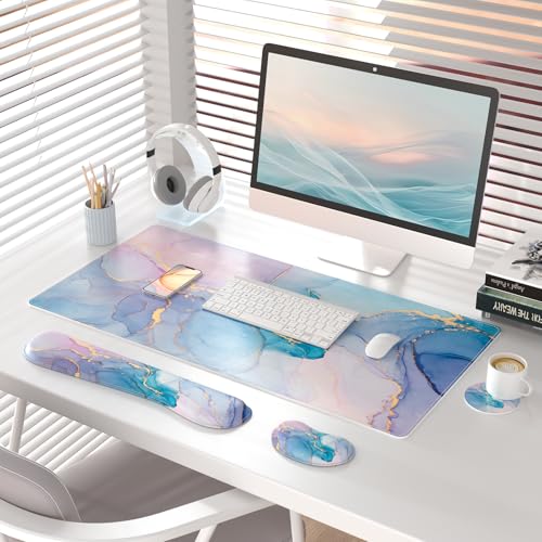 QIYI PU Leather Desk Mat Set, 4-in-1 Ergonomic Wrist Rest, Blue Pink Fluid | Waterproof Large Mouse Pad 31.5×15.7 + Keyboard Wrist Rest + Mouse Wrist Support+Coaster, Non-Slip Office Gaming Accessories - color: Blue Pink Fluid