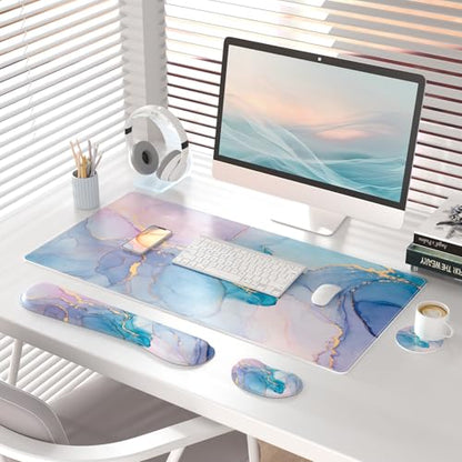 QIYI PU Leather Desk Mat Set, 4-in-1 Ergonomic Wrist Rest, Blue Pink Fluid | Waterproof Large Mouse Pad 31.5×15.7 + Keyboard Wrist Rest + Mouse Wrist Support+Coaster, Non-Slip Office Gaming Accessories - color: Blue Pink Fluid