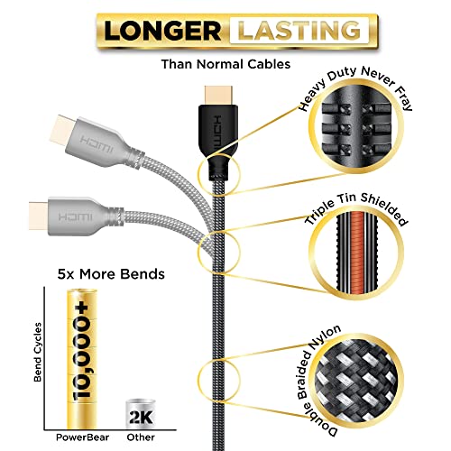 PowerBear 4K Long HDMI Cable 25 ft [2 Pack] High Speed, Braided Nylon & Gold Connectors, 4K @ 60Hz, Ultra HD, 2K, 1080P, ARC & CL3 Rated | for Laptop, Monitor, PS5, PS4, Xbox One, Fire TV, Apple TV - size: 25ft 2pack