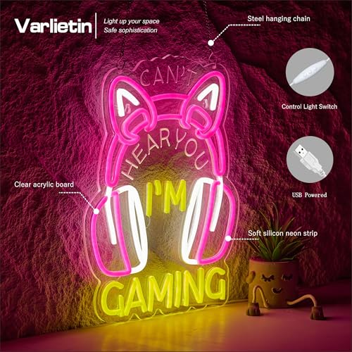 Pink Gaming Neon Sign for Wall Decor,Can't Hear You I'm Gaming Headset Gamer Dimmable LED Neon Signs Lights for Bedroom,Game Signs for Game Zone Video Room Girl or Boy Bedroom Art Birthday Party Gift