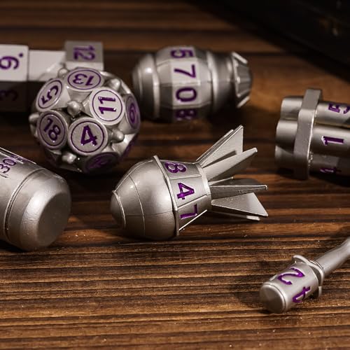 UDIXI Metal DND Dice Set 7PCS Nickel RPG Polyhedral Metal D&D Dice Set | Bomb Shape, Purple Numbers, Solid Metal, Cool Design, Leather Pouch Pakaging, for Dungeons and Dragons Role Playing Games - color: Nickel Purple