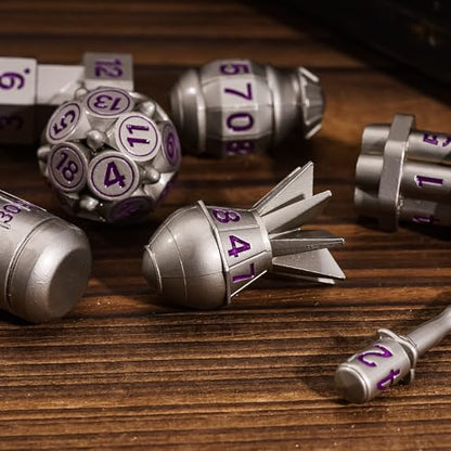 UDIXI Metal DND Dice Set 7PCS Nickel RPG Polyhedral Metal D&D Dice Set | Bomb Shape, Purple Numbers, Solid Metal, Cool Design, Leather Pouch Pakaging, for Dungeons and Dragons Role Playing Games - color: Nickel Purple