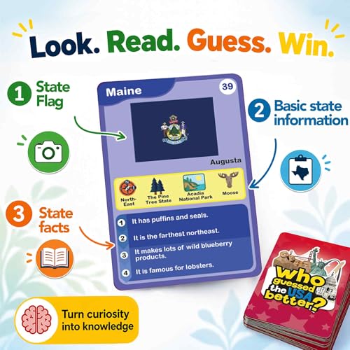 Quokka Who Guess It Better USA States – Educational Game with Visual Clues, Geography Learning Card Set, 50 Cards, Screen-Free Travel Game for Kids Ages 6+ - color: Usa