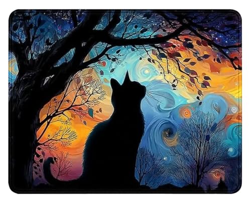 Colorful Galaxy Tree Mouse Pad, Black Cat Gaming Anti Slip Laptop Mouse Pad | High Density Smooth Surface, Anti Slip Rubber Bottom Stable And Not Displaced, Exquisite Lock Edge Wear-Resistant And Durable - color: Black Cat