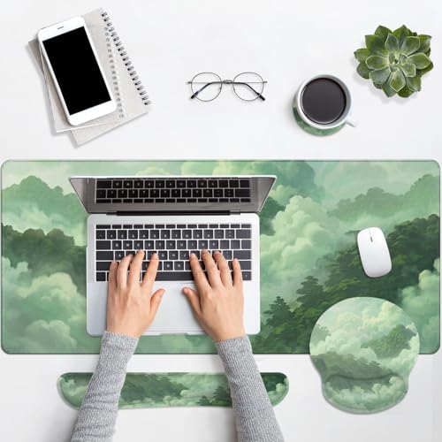 Britimes Green Cloud Keyboard Mouse Pad Set Forest Mountain Aesthetic 4in1 Large Mousepad+Keyboard Wrist Rest+Mouse Wrist Rest+Coaster Ergonomic Design for Home Office Computer 35.4x15.7 inches - color: Cat at the Window
