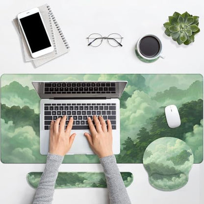 Britimes Green Cloud Keyboard Mouse Pad Set Forest Mountain Aesthetic 4in1 Large Mousepad+Keyboard Wrist Rest+Mouse Wrist Rest+Coaster Ergonomic Design for Home Office Computer 35.4x15.7 inches - color: Cat at the Window