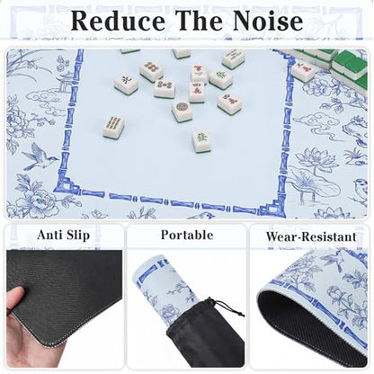 Britimes Mahjong Mat with Black Carrying Bag,31.5"x31.5", Floral Bird | Blue Non-Slip Noise Reduction Gaming Mat Rubber Multi Purpose Game Table Cover for Mahjong Card Dominoes Board Tile Games - color: Blue Bird Flowers
