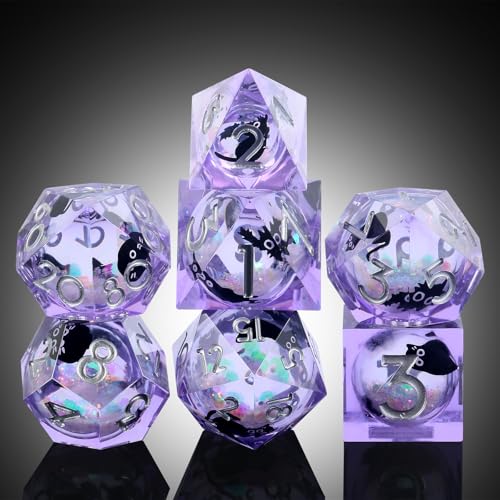DNDND Purple Transparent DND Dice Set 7-Piece - Glitter Liquid Core with Cat Stickers, Dragon Metal Box for D&D 5E Pathfinder MTG Cat Lovers (Purple) - color: Cat Purple