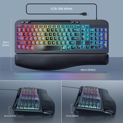 VEILZOR Wired Ergonomic Keyboard, 7-Color Backlit USB Computer Keyboard with Wrist Rest, Wave Keys, Phone Holder, Lighted Keyboard Compatible with PC, Laptop, Windows, and Mac