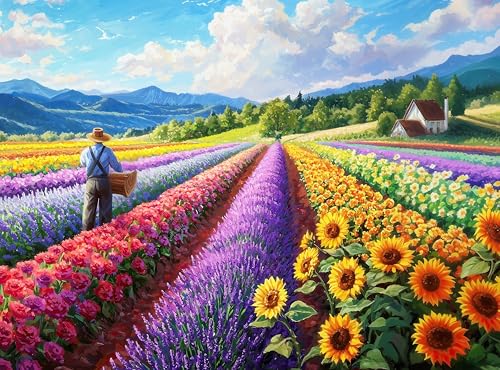 Country Cottage Flower Farm in The Mountains - Prime Time Puzzles 1000 Piece Jigsaw Puzzle for Adults - Sunflowers and Colorful Floral Rows - Challenging Puzzle Perfect for Game Nights - 20x27 inch - color: Field of Dreams