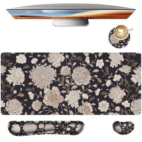 Floral Large Mouse Pad with Wrist Support Set of 4,Large Gaming Mouse Pad+Keyboard Rest+Mouse Wrist Rest+Coaster,Ergonomic Mouse mat,Anti-Slip,Memory Foam Desk Mat for Home Office Gaming (Rose) - color: Rose Black Gold