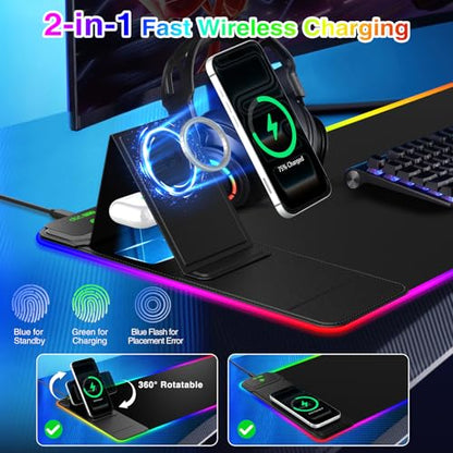 RGB Gaming Mouse Pad with Magnetic Wireless Charging & Foldable Phone Stand | 31.5"x11.8" XL Extended Mousepad with Stitched Edges, Ultra-Smooth Waterproof Surface, 25 Lighting Effects, Non-Slip Base - color: RGB-Magnetic Stand-31.5"x11.8"-Left