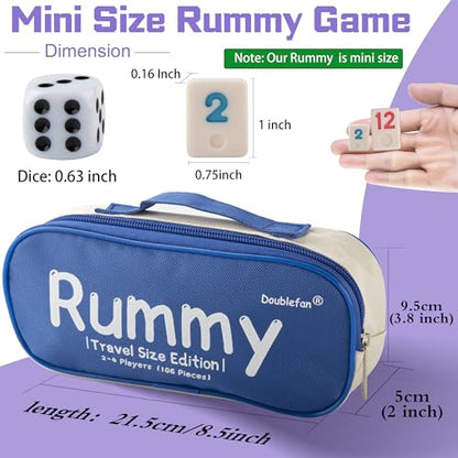 Doublefan Mini Rummy Cube Set, Mini Size Rummy Game with Portable Bag, Small Travel Game for Adult and Kids,106 Tiles, 4 Playing Rack, 1 Dice (2-4 Players) - style: Mini Size (2-4 Player)