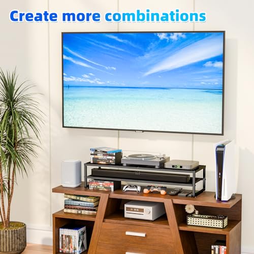 Simple Trending 2-Tier Dual Monitor Stand with Mouse Pad, Metal, Black | 32"W x 10"D x 7"H. Mesh cooling. Holds 100 lbs. Bottom tier fits keyboard & Xbox. Non-slip base. Free mouse pad.
