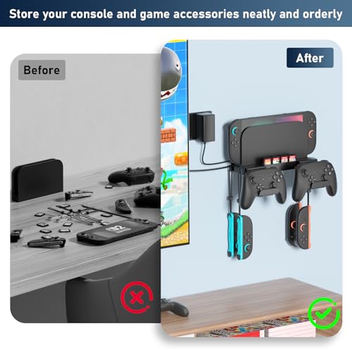 Wall Mount for Nintendo Switch 2 /Switch OLED/Switch Console, Switch 2 holder with Storage 8 Card Slots,2 Pro Controller and 4 Joycon Hanger-Install Behind TV, Black